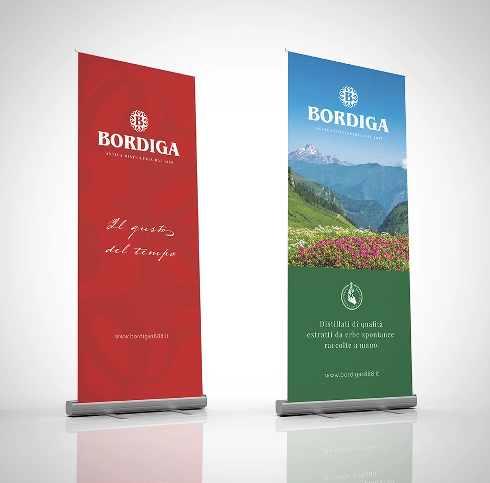 Applicazioni della nuova identità visiva Distilleria Bordiga, qui dei Roll-up